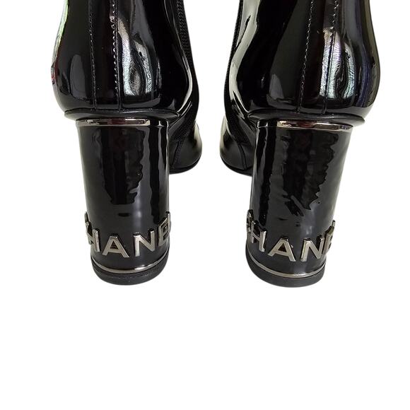 Chanel CC Cap Toe Logo Ankle Heel Boot Size 37.5 US 6.5 7 Black Patent Leather - Picture 6 of 14